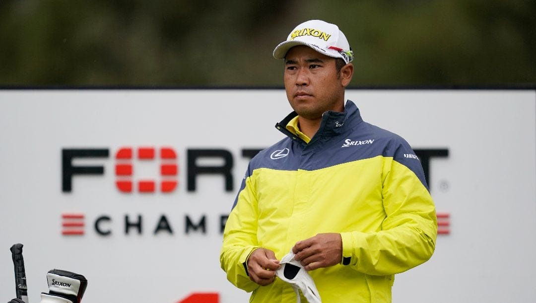 Hideki Matsuyama, of Japan, prepares to hit from the 16th tee of the Silverado Resort North Course during the final round of the Fortinet Championship PGA golf tournament in Napa, Calif., Sunday, Sept. 18, 2022.