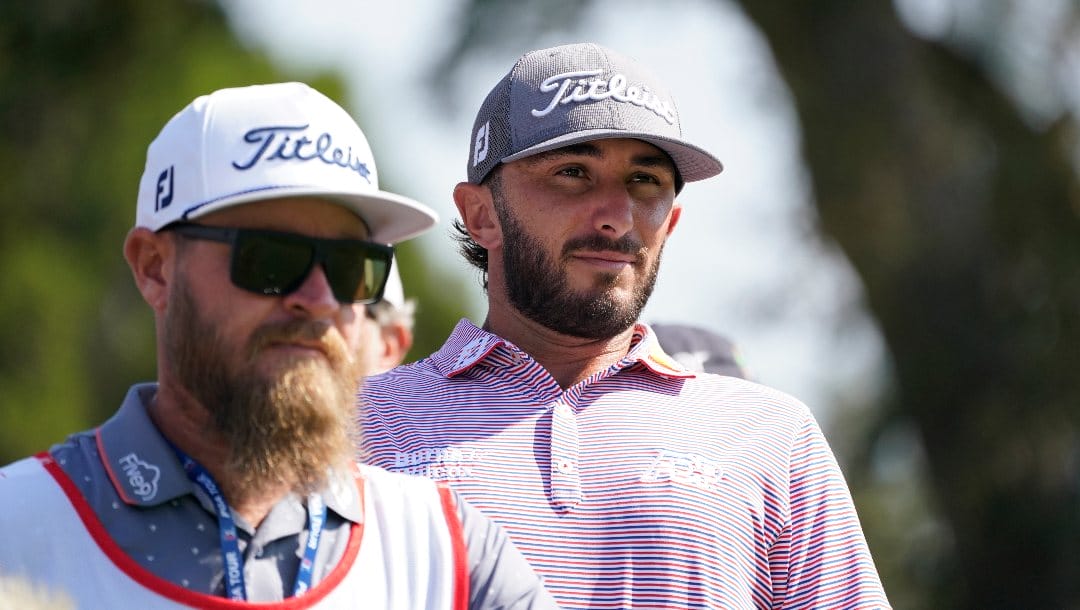 Max Homa, right, and his caddie Joe Greiner wait on the second tee of the Silverado Resort North Course during the first round of the Fortinet Championship PGA golf tournament in Napa, Calif., Thursday, Sept. 15, 2022.