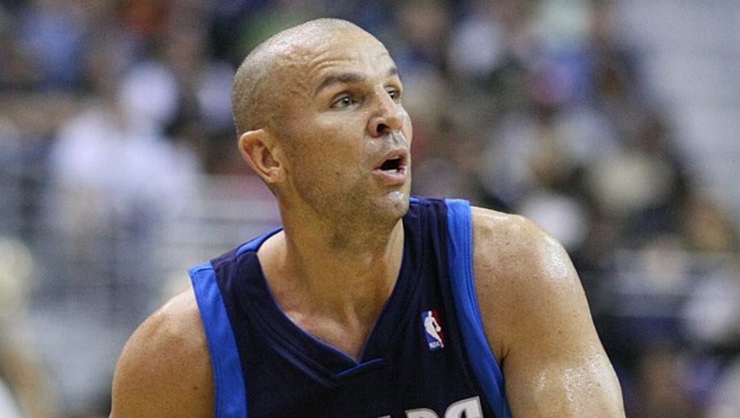 Jason Kidd is an American basketball player, pictured here with the Dallas Mavericks.