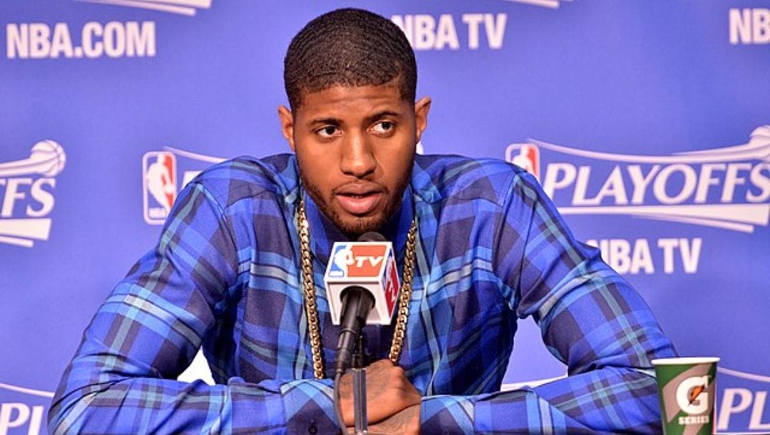 Paul George of the Indiana Pacers talking to the media press conference during 2014 NBA Playoffs.