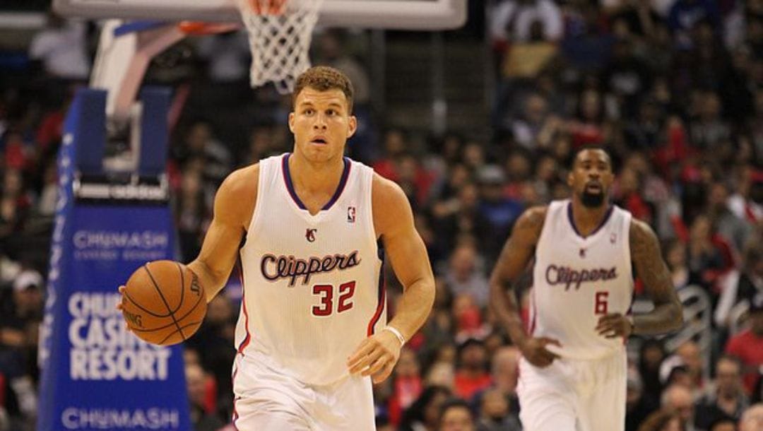 Blake Griffin and DeAndre Jordan playing for the Los Angeles Clippers in an NBA game in November 2013.