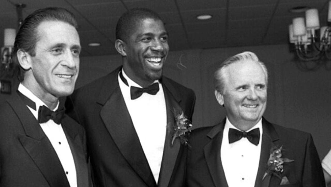 Los Angeles Lakers coach Pat Riley, Magic Johnson, and Lakers General Manager Jerry West during the Whitney M. Young Jr. ceremony.