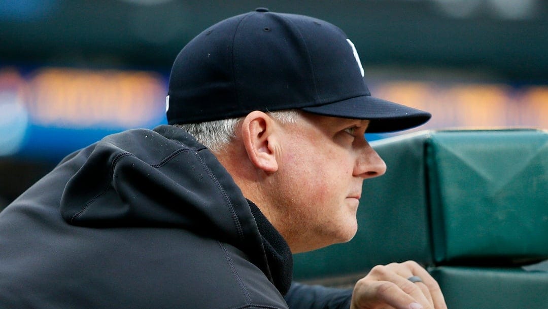 Detroit Tigers manager A.J. Hinch watches from the dugout during the second inning of a baseball game against the Chicago White Sox Saturday, Sept. 9, 2023, in Detroit. (AP Photo/Duane Burleson)
