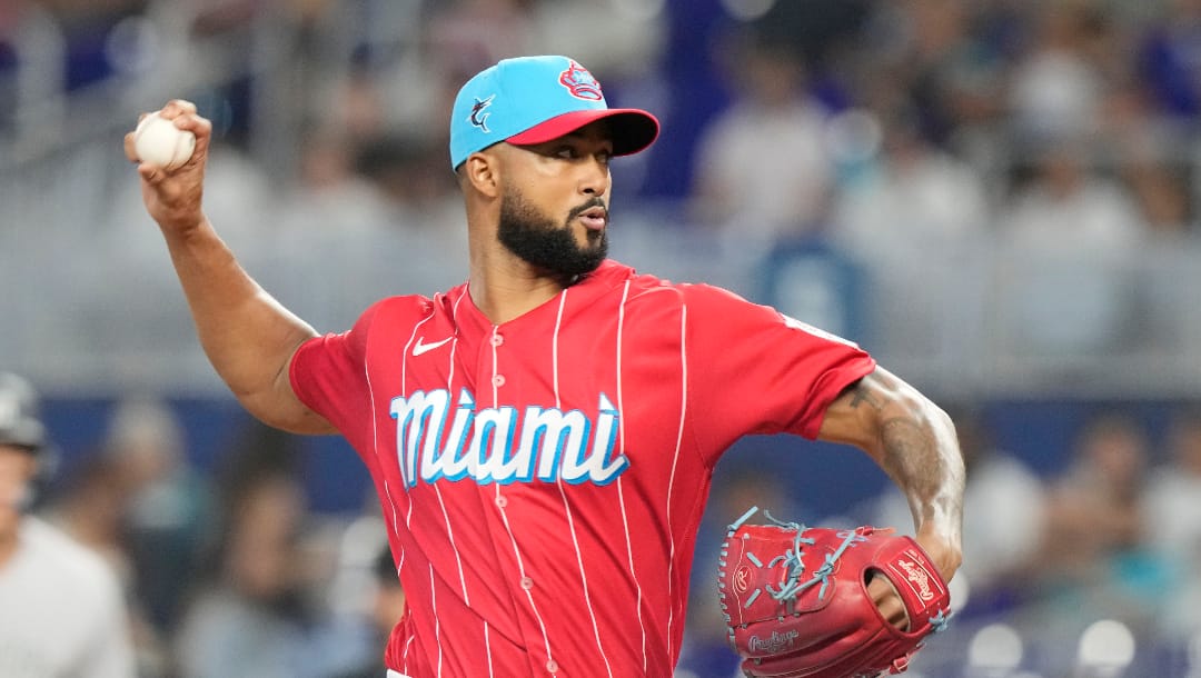 Miami Marlins starting pitcher Sandy Alcantara aims a pitch during a baseball game against the New York Yankees, Saturday, Aug. 12, 2023, in Miami. (AP Photo/Marta Lavandier)