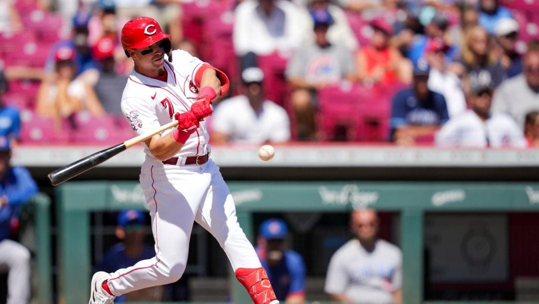 Cincinnati Reds' Spencer Steer bats during the first game of a baseball doubleheader against the Chicago Cubs in Cincinnati, Friday, Sept. 1, 2023. (