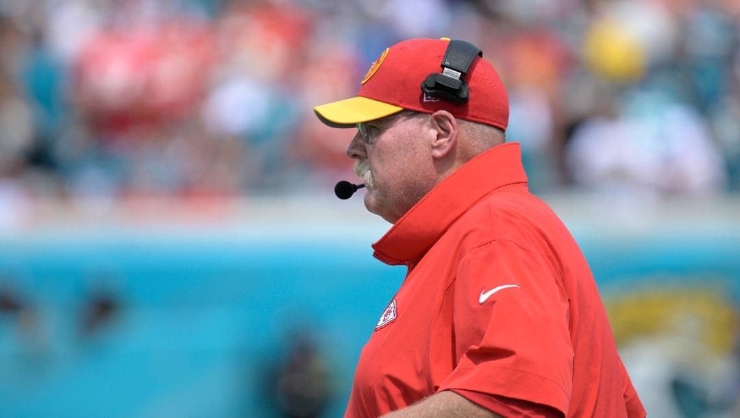 Kansas City Chiefs head coach Andy Reid watches from the sideline during the first half of an NFL football game against the Jacksonville Jaguars, Sunday, Sept. 17, 2023, in Jacksonville, Fla. (AP Photo/Phelan M. Ebenhack)