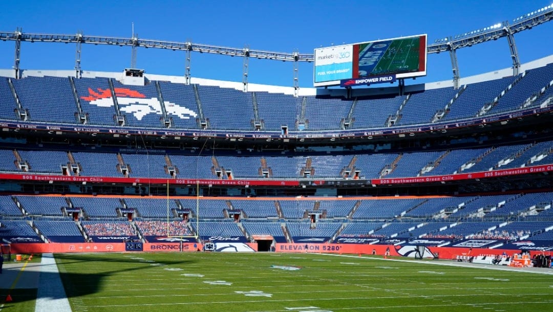 An empty Empower Field at Mile High awaits the New Orleans Saints and the Denver Broncos to take the field prior to an NFL football game, Sunday, Nov. 29, 2020, in Denver.