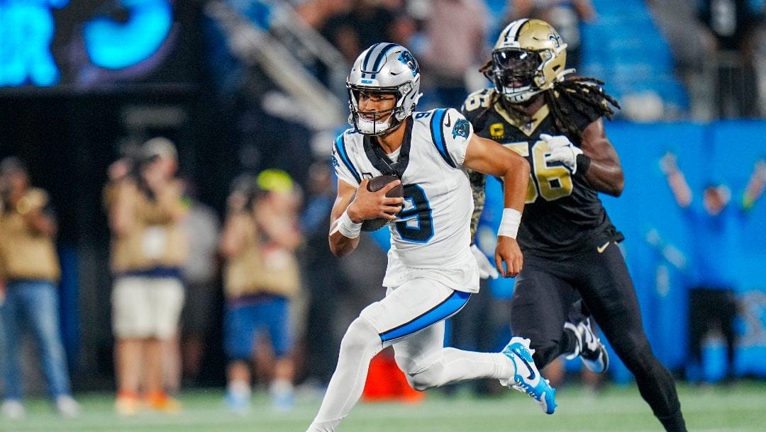 Carolina Panthers quarterback Bryce Young runs against the New Orleans Saints during the second half of an NFL football game Monday, Sept. 18, 2023, in Charlotte, N.C.