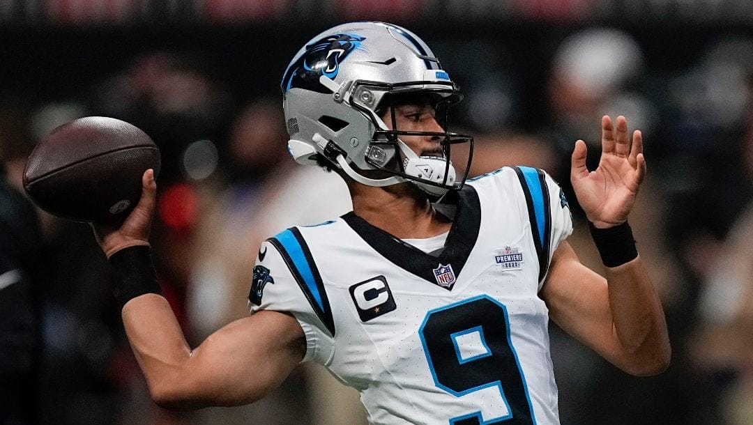 Carolina Panthers quarterback Bryce Young (9) warms up before the first half of an NFL football game between the Atlanta Falcons and the Carolina Panthers, Sunday, Sept. 10, 2023, in Atlanta.