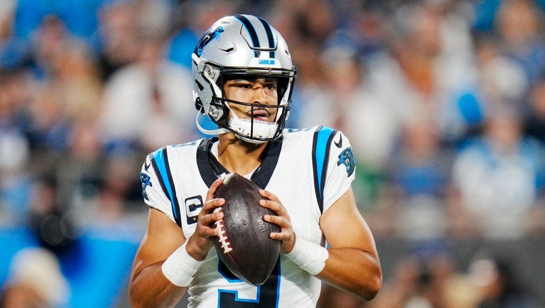 Carolina Panthers quarterback Bryce Young passes against the New Orleans Saints during the first half of an NFL football game Monday, Sept. 18, 2023, in Charlotte, N.C.