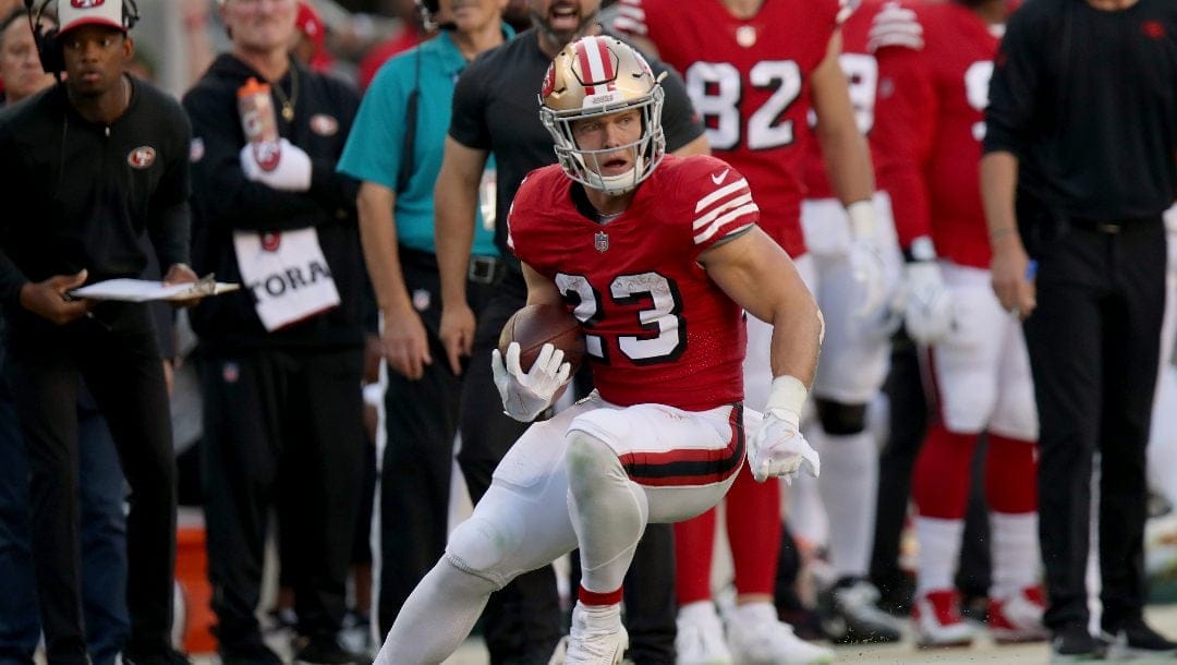 San Francisco 49ers running back Christian McCaffrey (23) runs during an NFL football game against the New York Giants, Thursday, Sept. 21, 2023, in Santa Clara, Calif.