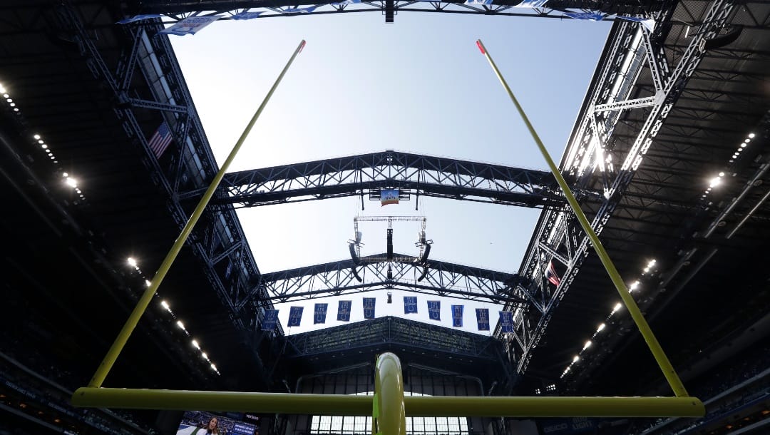 The roof is open at Lucas Oil Stadium for an NFL football game between the Houston Texans and Indianapolis Colts, Sunday, Sept. 30, 2018, in Indianapolis.