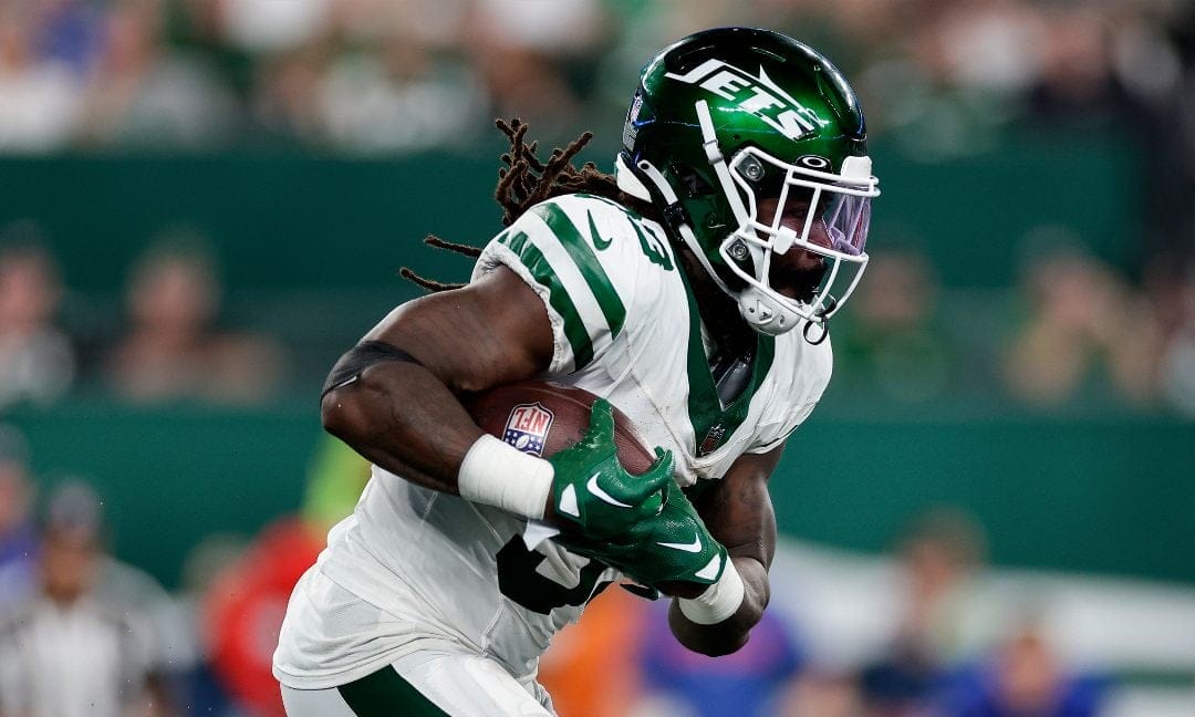 New York Jets running back Dalvin Cook (33) carries the ball against the Buffalo Bills during an NFL football game, Monday, Sept. 11, 2023, in East Rutherford, N.J.