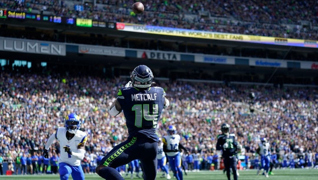 Seattle Seahawks wide receiver DK Metcalf (14) makes a touchdown reception against the Los Angeles Rams during the first half of an NFL football game, Sunday, Sept. 10, 2023, in Seattle.