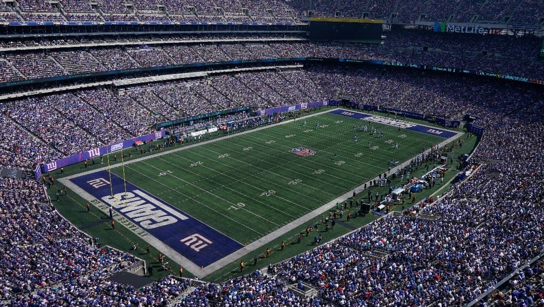 A general overall interior view of MetLife Stadium as the New York Giants take on the Carolina Panthers during the first half an NFL football game, Sunday, Sept. 18, 2022, in East Rutherford, N.J.