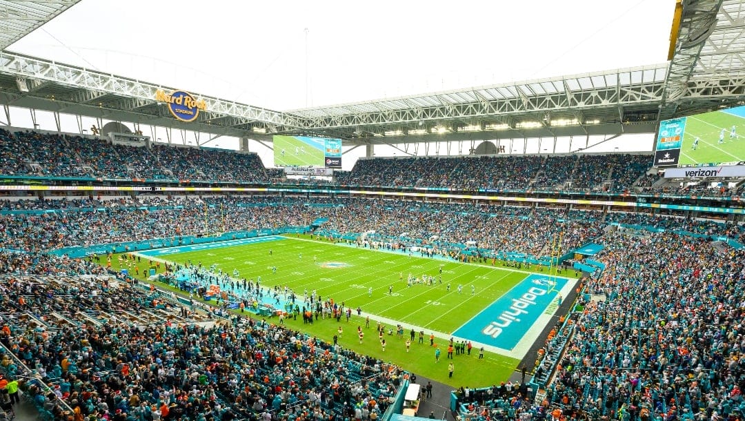 A general overall interior view of the Hard Rock Stadium as the Green Bay Packers take on the Miami Dolphins during an NFL football game, Sunday, Dec. 25, 2022, in Miami Gardens, Fla. (AP Photo/Doug Murray)