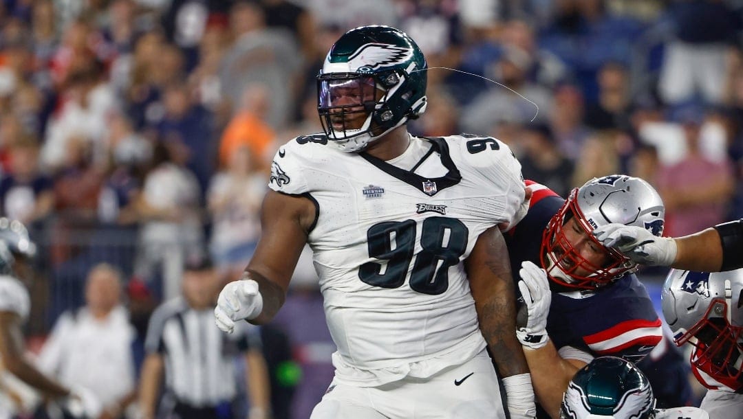 Philadelphia Eagles defensive tackle Jalen Carter during an NFL football game against the New England Patriots at Gillette Stadium, Sunday, Sept. 10, 2023 in Foxborough, Mass. (Winslow Townson/AP Images for Panini)