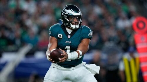 Philadelphia Eagles' Jalen Hurts plays during an NFL football game, Thursday, Sept. 14, 2023, in Philadelphia.