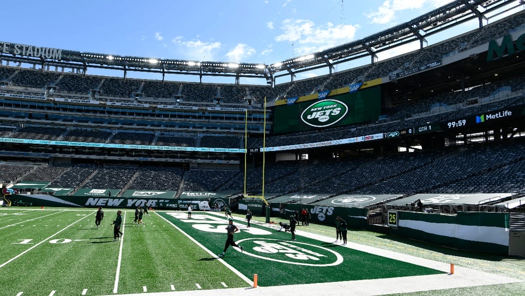The New York Jets warm up before an NFL football game against the San Francisco 49ers at MetLife Stadium Sunday, Sept. 20, 2020, in East Rutherford, N.J. (AP Photo/Corey Sipkin)