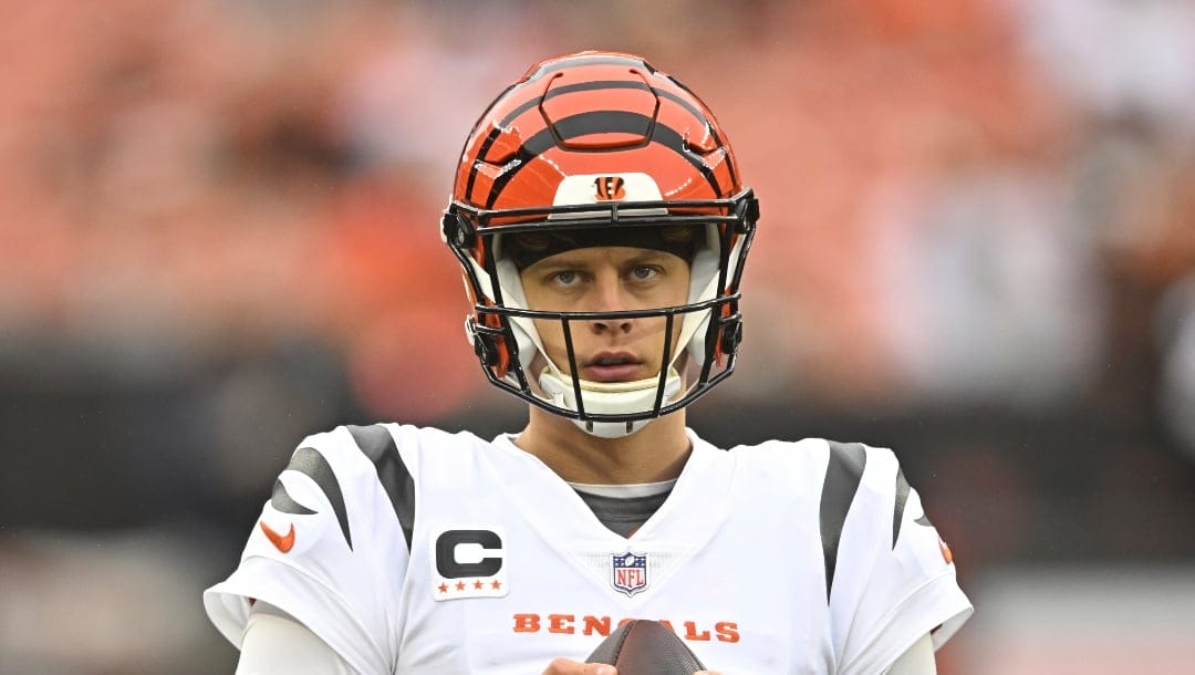 Cincinnati Bengals quarterback Joe Burrow warms up before an NFL football game against the Cleveland Browns, Sunday, Sept. 10, 2023, in Cleveland. The Browns won 24-3.
