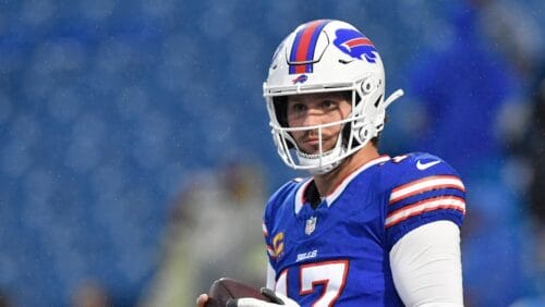 Buffalo Bills quarterback Josh Allen warms up before an NFL football game against the Jacksonville Jaguars, Monday, Sept. 23, 2024, in Orchard Park, NY. (AP Photo/Adrian Kraus)