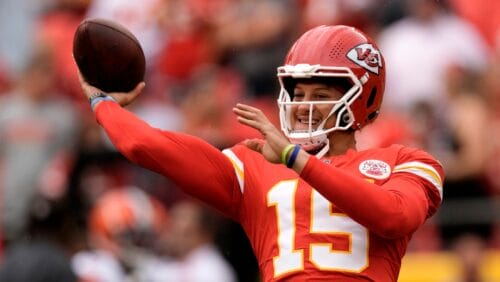 Kansas City Chiefs quarterback Patrick Mahomes throws before an NFL preseason football game against the Cleveland Browns Saturday, Aug. 26, 2023, in Kansas City, Mo. (AP Photo/Charlie Riedel)