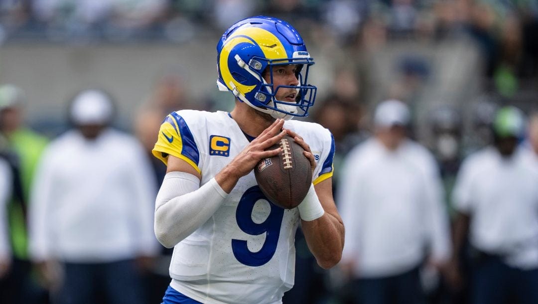 Los Angeles Rams quarterback Matthew Stafford drops back to pass during an NFL football game against the Seattle Seahawks, Sunday, Sept. 10, 2023, in Seattle. The Rams won 30-13.