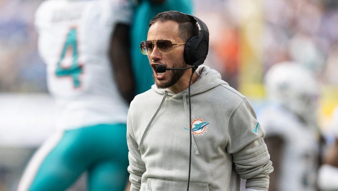 Miami Dolphins head coach Mike McDaniel reacts during an NFL football game against the Los Angeles Chargers, Sunday, Sept. 10, 2023, in Inglewood, Calif. (AP Photo/Kyusung Gong)