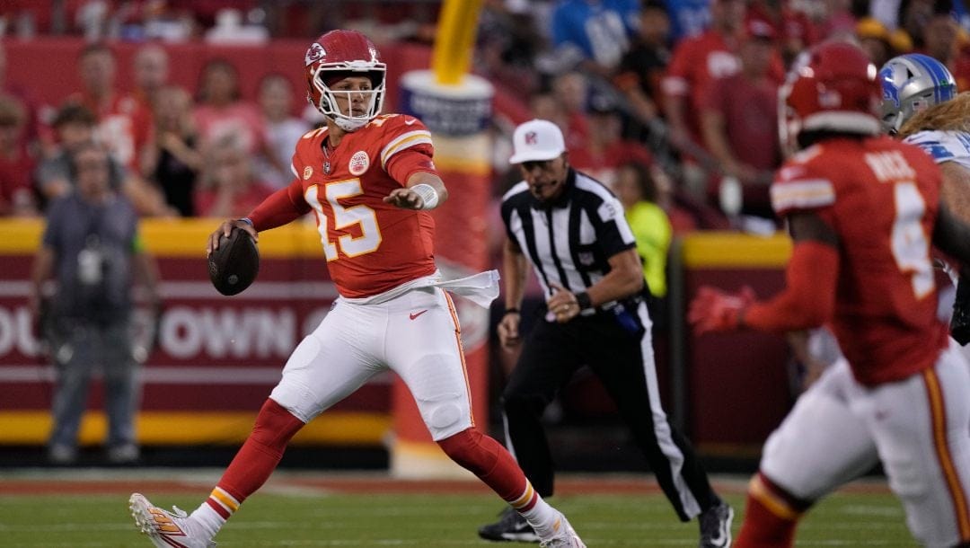 Kansas City Chiefs quarterback Patrick Mahomes looks to throw during the first half of an NFL football game against the Detroit Lions Thursday, Sept. 7, 2023, in Kansas City, Mo.