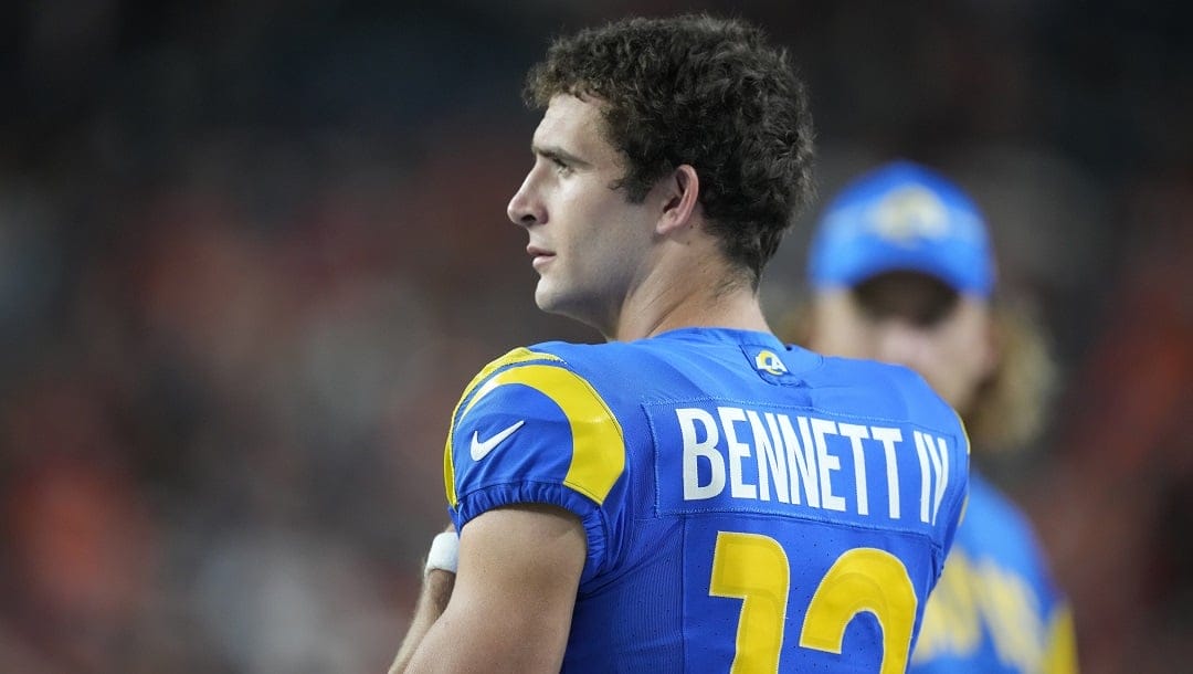Los Angeles Rams quarterback Stetson Bennett (13) in the second half of an NFL preseason football game Saturday, Aug. 26, 2023, in Denver.