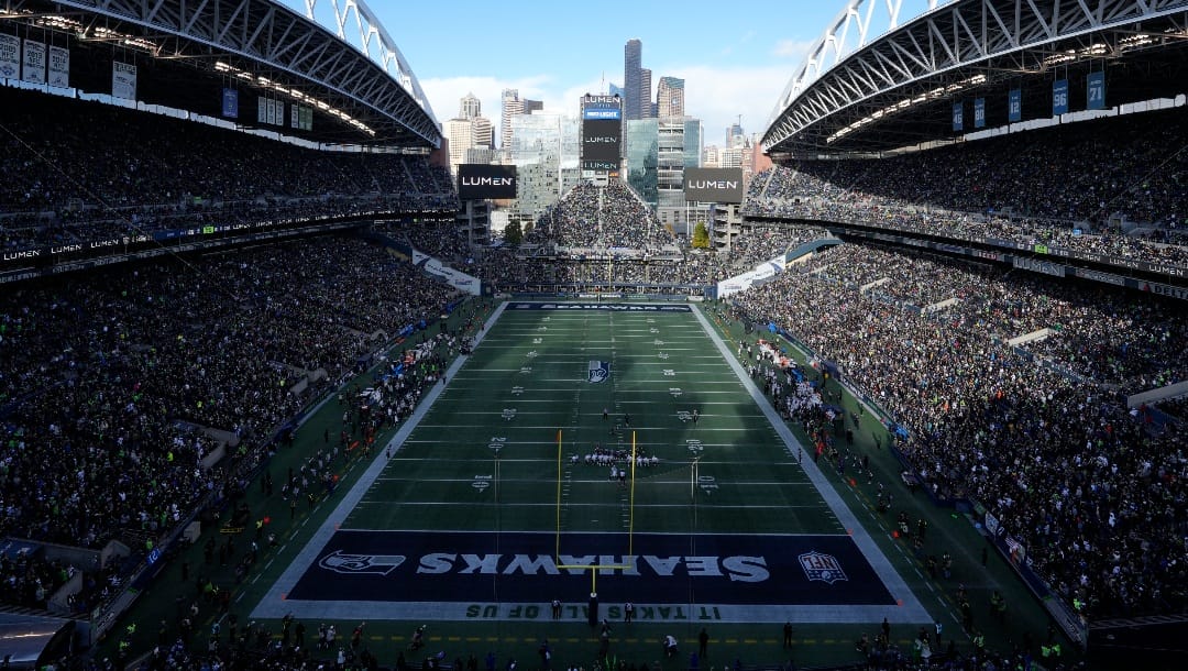 A general overall interior view of Lumen Field as the Seattle Seahawks take on the Las Vegas Raiders, Sunday, Nov. 27, 2022 in Seattle, WA. The Raiders defeated the Seahawks 40-34. (AP Photo/Ben VanHouten)