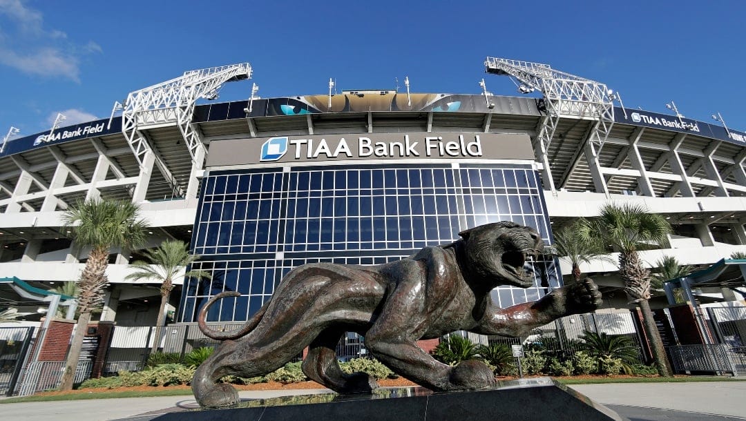 TIAA Bank Field stadium home of the Jacksonville Jaguars is seen after an NFL football game between the Jacksonville Jaguars and the Tennessee Titans, Sunday, Sept. 23, 2018, in Jacksonville, Fla. (AP Photo/John Raoux)