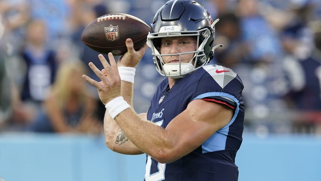 Tennessee Titans quarterback Will Levis warms up before an NFL preseason football game against the New England Patriots, Friday, Aug. 25, 2023, in Nashville, Tenn.