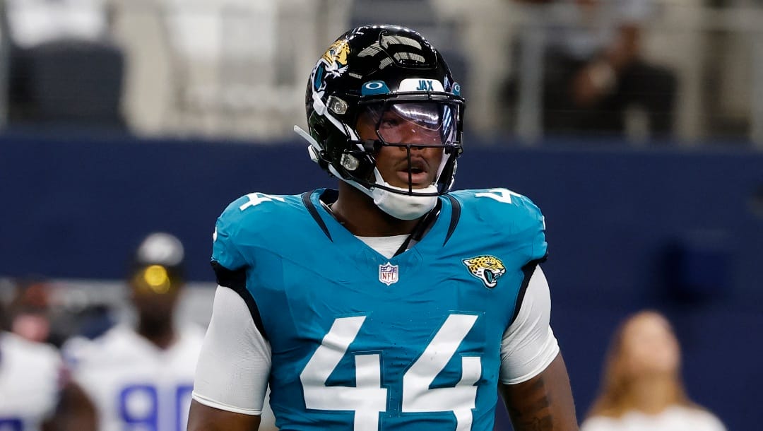 Jacksonville Jaguars linebacker Travon Walker (44) stands on the field during an NFL Football game in Arlington, Texas, Saturday, August 12, 2023. (AP Photo/Michael Ainsworth)