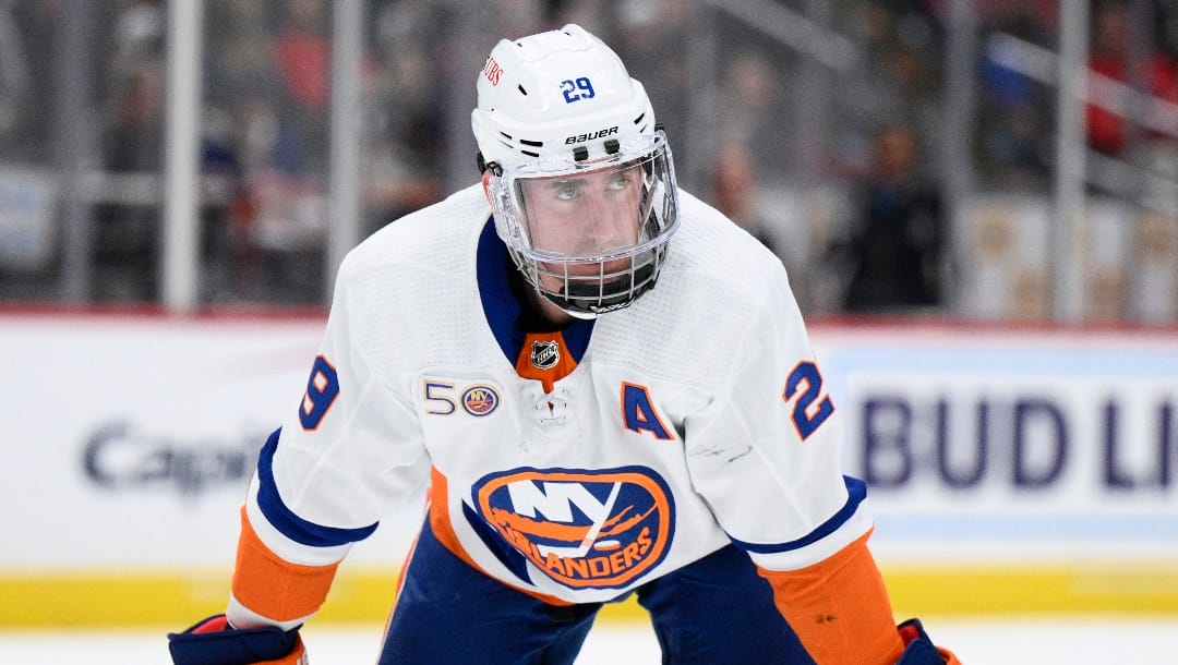 New York Islanders center Brock Nelson (29) looks on during the first period of an NHL hockey game against the Washington Capitals, Monday, April 10, 2023, in Washington. (AP Photo/Nick Wass)