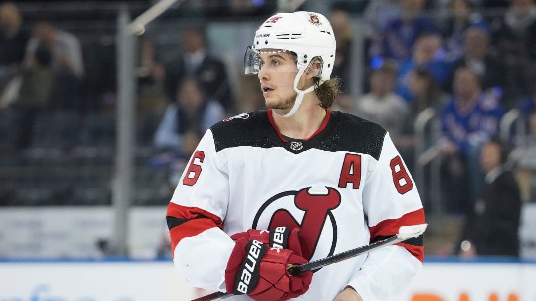 New Jersey Devils center Jack Hughes during the third period of Game 6 of an NHL hockey Stanley Cup first-round playoff series against the New York Rangers, Saturday, April 29, 2023, at Madison Square Garden in New York. (AP Photo/Mary Altaffer)