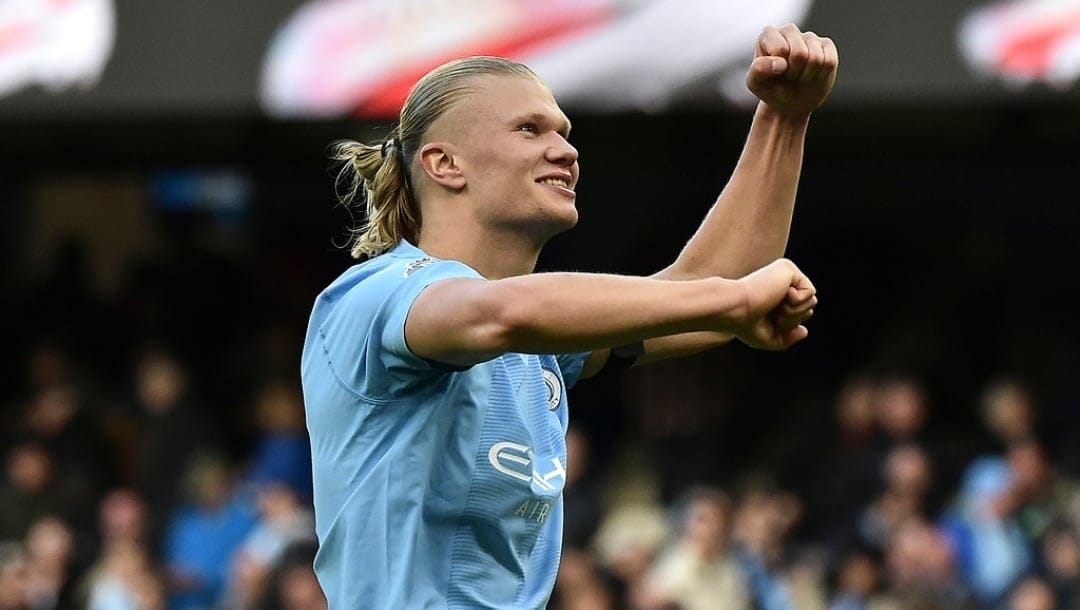 Manchester City's Erling Haaland celebrates towards fans after the English Premier League soccer match between Manchester City and Brighton & Hove Albion at Etihad stadium in Manchester, England, Saturday, Oct. 21, 2023.
