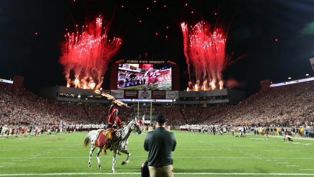 Fireworks light up Doak Campbell Stadium before an NCAA college football game between Florida State and Southern Mississippi, Saturday, Sept. 9, 2023, in Tallahassee, Fla.