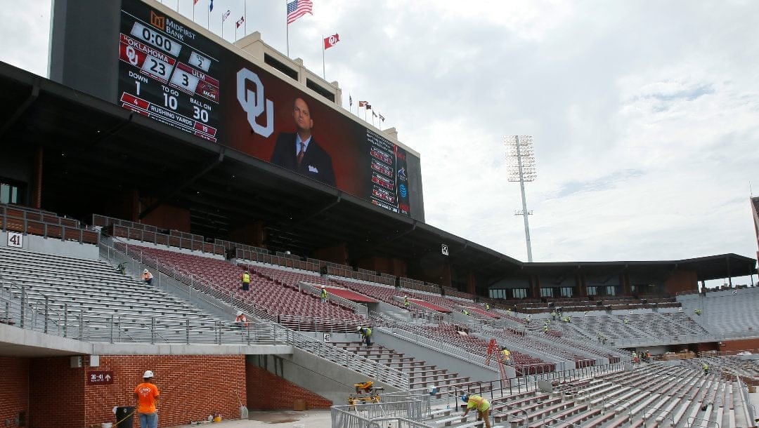Work continues on seats in the south end zone at Gaylord Family - Oklahoma Memorial Stadium in Norman, Okla., Thursday, Sept. 8, 2016. New club seats, loge boxes, suites and two new clubs will be open for the the NCAA college football team's home-opener Saturday.