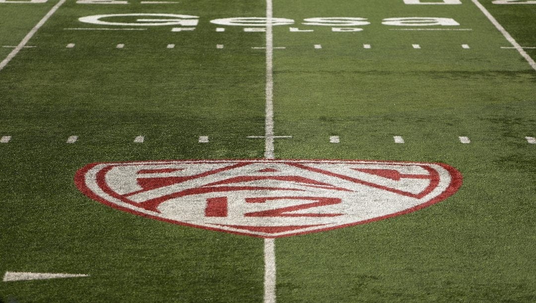 The Pac-12 Conference logo is seen at Martin Stadium during the second half of an NCAA college football game between Washington State and Northern Colorado, Saturday, Sept. 16, 2023, in Pullman, Wash.