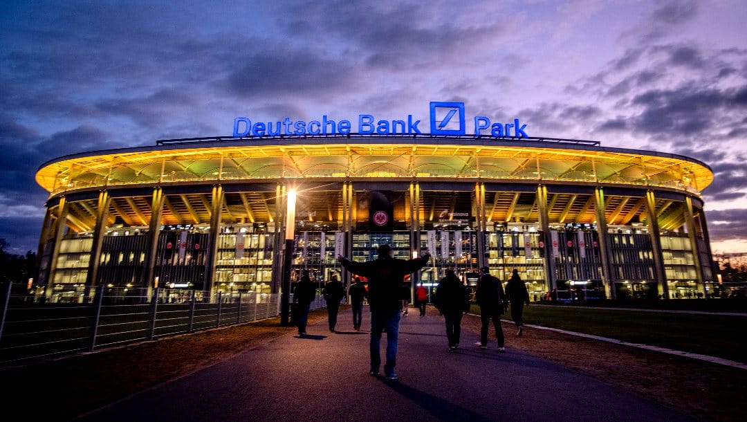 The Deutsche Bank Park is illuminated on occasion of the invasion in the Ukraine prior to a German Bundesliga soccer match between Eintracht Frankfurt and Bayern Munich in Frankfurt, Germany, Saturday, Feb. 26, 2022. The NFL says there are millions of German fans who are looking for a team to support. The Chiefs go first — they’ll play the Miami Dolphins on Sunday. A week later, the Patriots face the Indianapolis Colts. Both games are at Deutsche Bank Park.