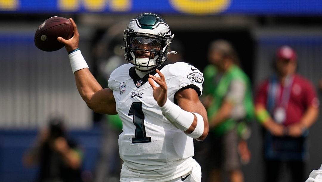 Philadelphia Eagles quarterback Jalen Hurts throws a pass during the first half Los Angeles Rams of an NFL football game Sunday, Oct. 8, 2023, in Inglewood, Calif.