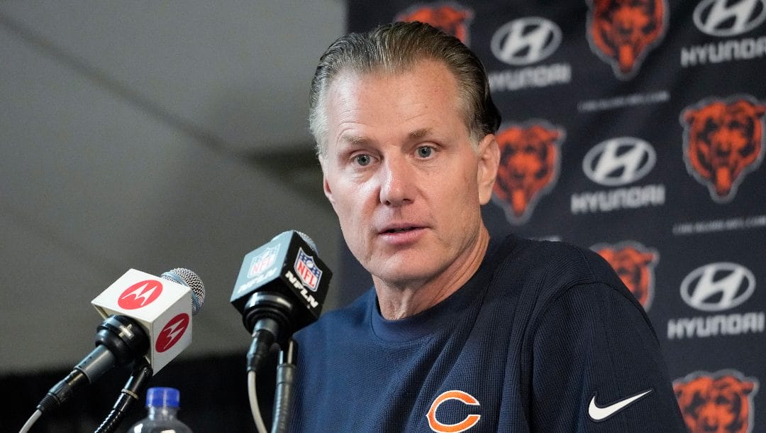 Chicago Bears head coach Matt Eberflus listens to a question during a news conference after an NFL football game against the Las Vegas Raiders, Sunday, Oct. 22, 2023 in Chicago.