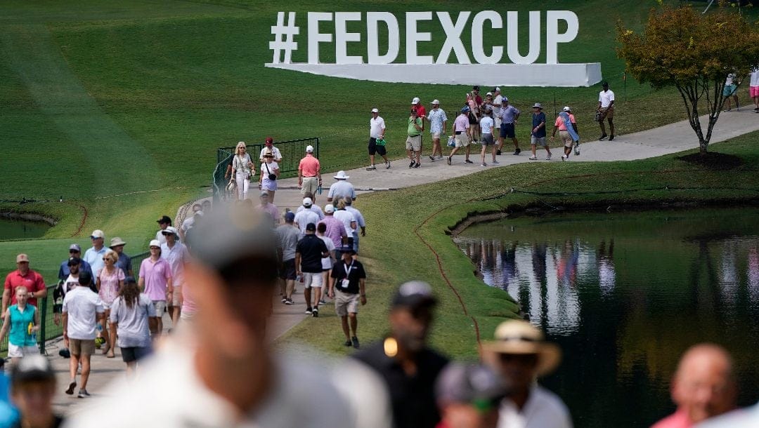 FedEx Cup signage during the second round of the Tour Championship golf tournament, Friday, Aug. 25, 2023, in Atlanta.