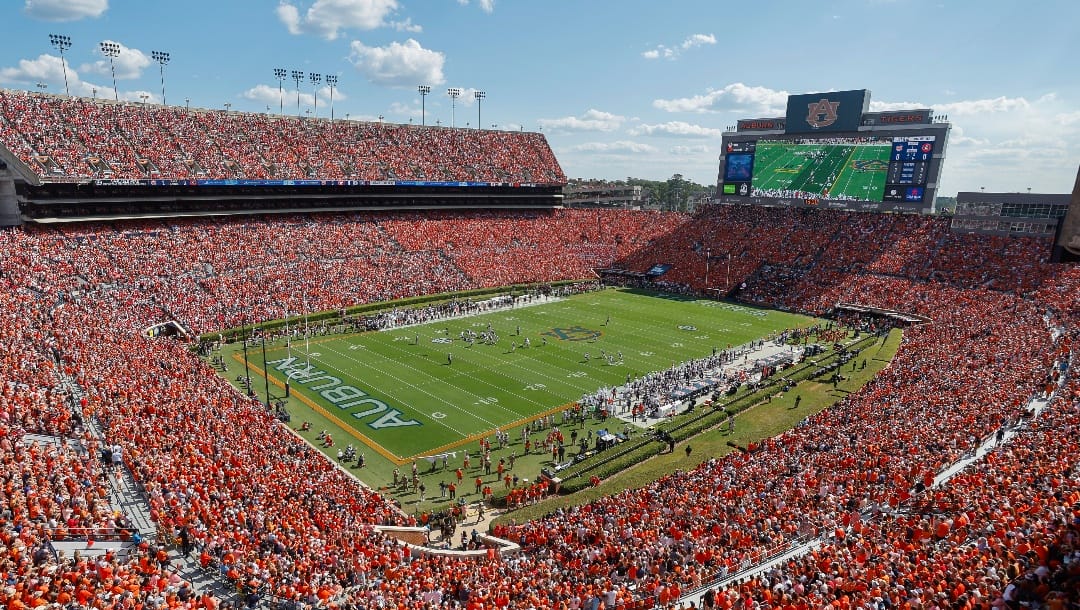 General view of Jordan-Hare Stadium during the first half of an NCAA football game between Georgia and Auburn on Saturday, Sept. 30, 2023, in Auburn, Ala. (AP Photo/Stew Milne)