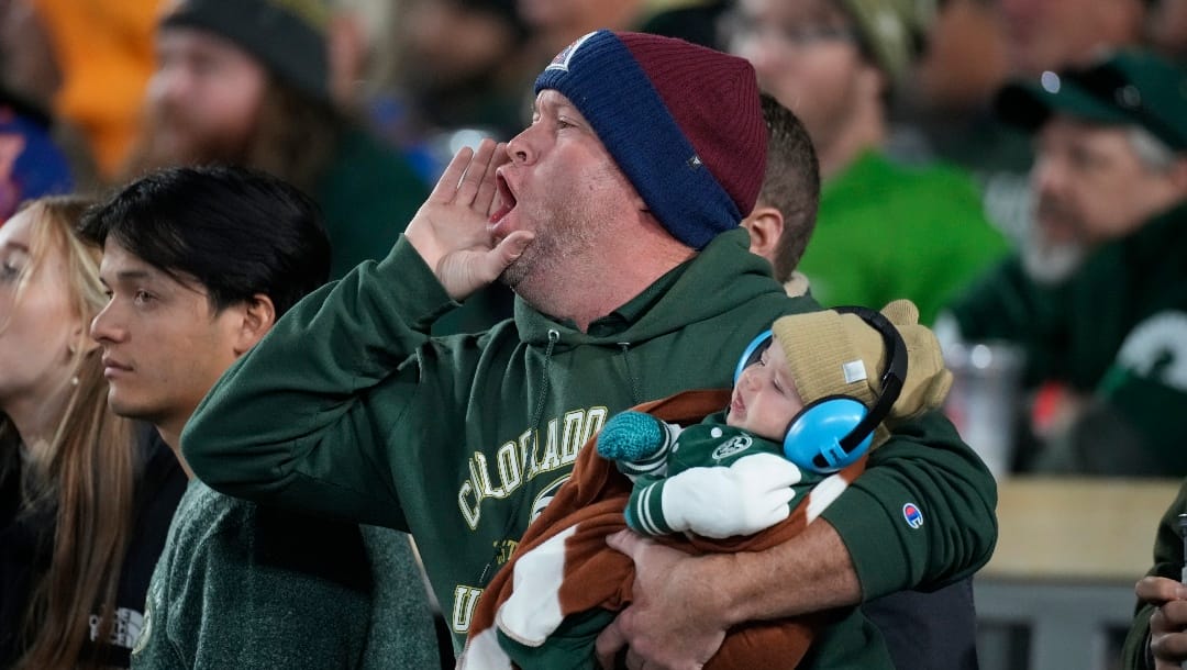 Colorado State fan yells at referees in the second half of an NCAA college football game Saturday, Oct. 14, 2023, in Fort Collins, Colo. (AP Photo/David Zalubowski)