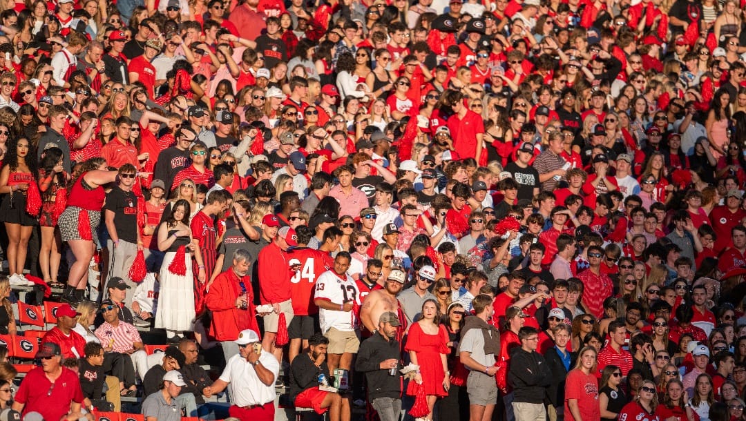 Georgia fans cheer in the first half of an NCAA college football game against Kentucky, Saturday, Oct. 7, 2023, in Athens, Ga. (AP Photo/Hakim Wright Sr.)