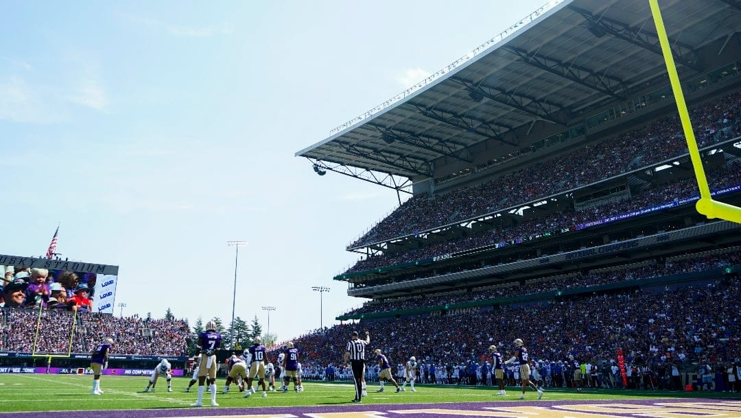 A general view of Husky Stadium during the first half of an NCAA college football game between Washington and Boise State, Saturday, Sept. 2, 2023, in Seattle. (AP Photo/Lindsey Wasson)