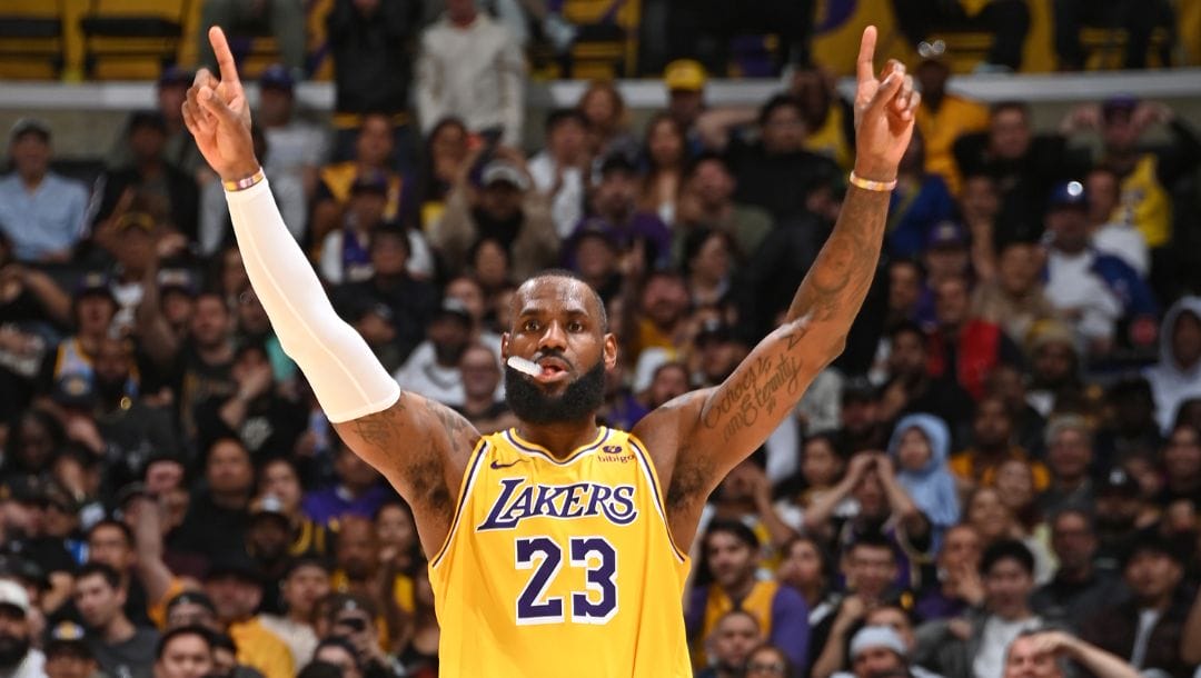 LeBron James #23 of the Los Angeles Lakers celebrates during the game against the LA Clippers on November 1, 2023.