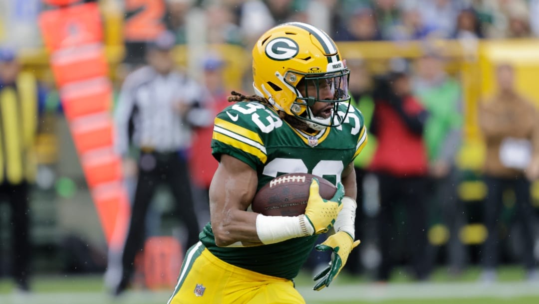 Green Bay Packers running back Aaron Jones (33) during an NFL football game Sunday, Nov. 5, 2023, in Green Bay, Wis. (AP Photo/Mike Roemer)